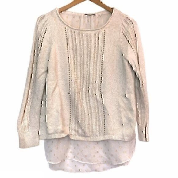 LUCKY BRAND Split Back Sweater Beige Cream Oatmeal Twofer Metallic Mixed Media S - Picture 2 of 10